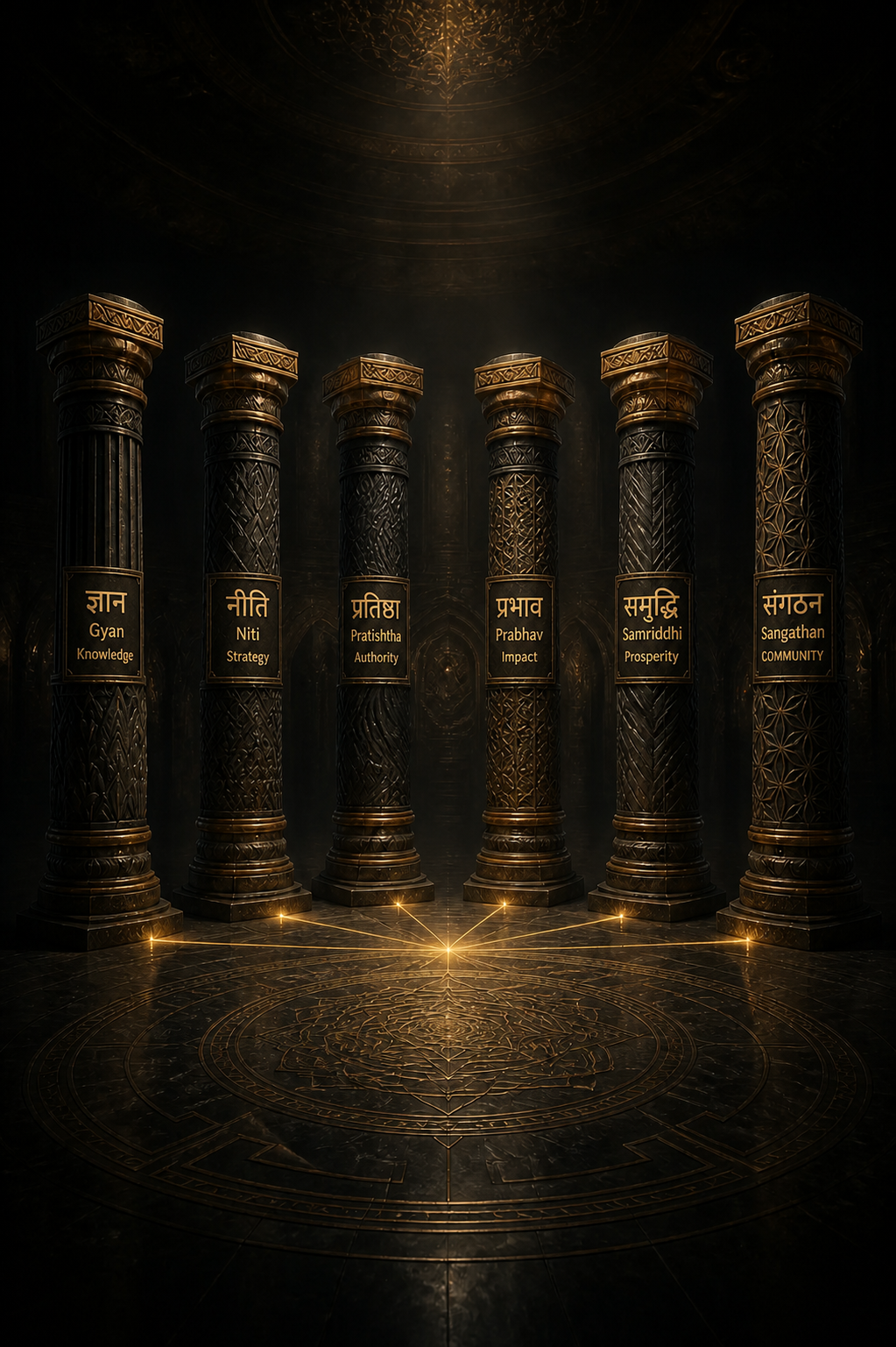 Six connected pillars labelled Gyan, Niti, Pratishtha, Prabhav, Samriddhi and Sangathan
