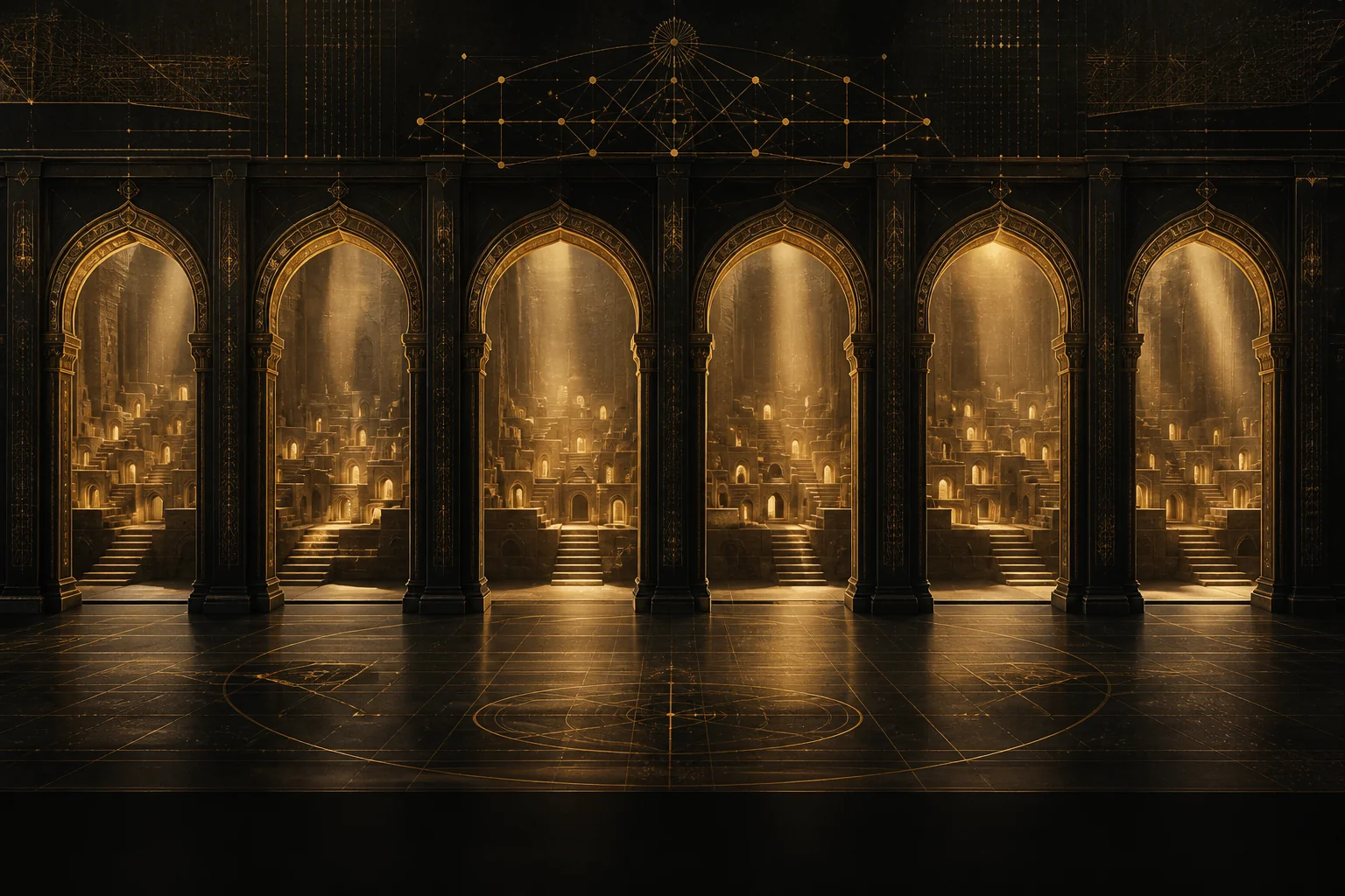 Six illuminated golden gateways opening into a network of pathways