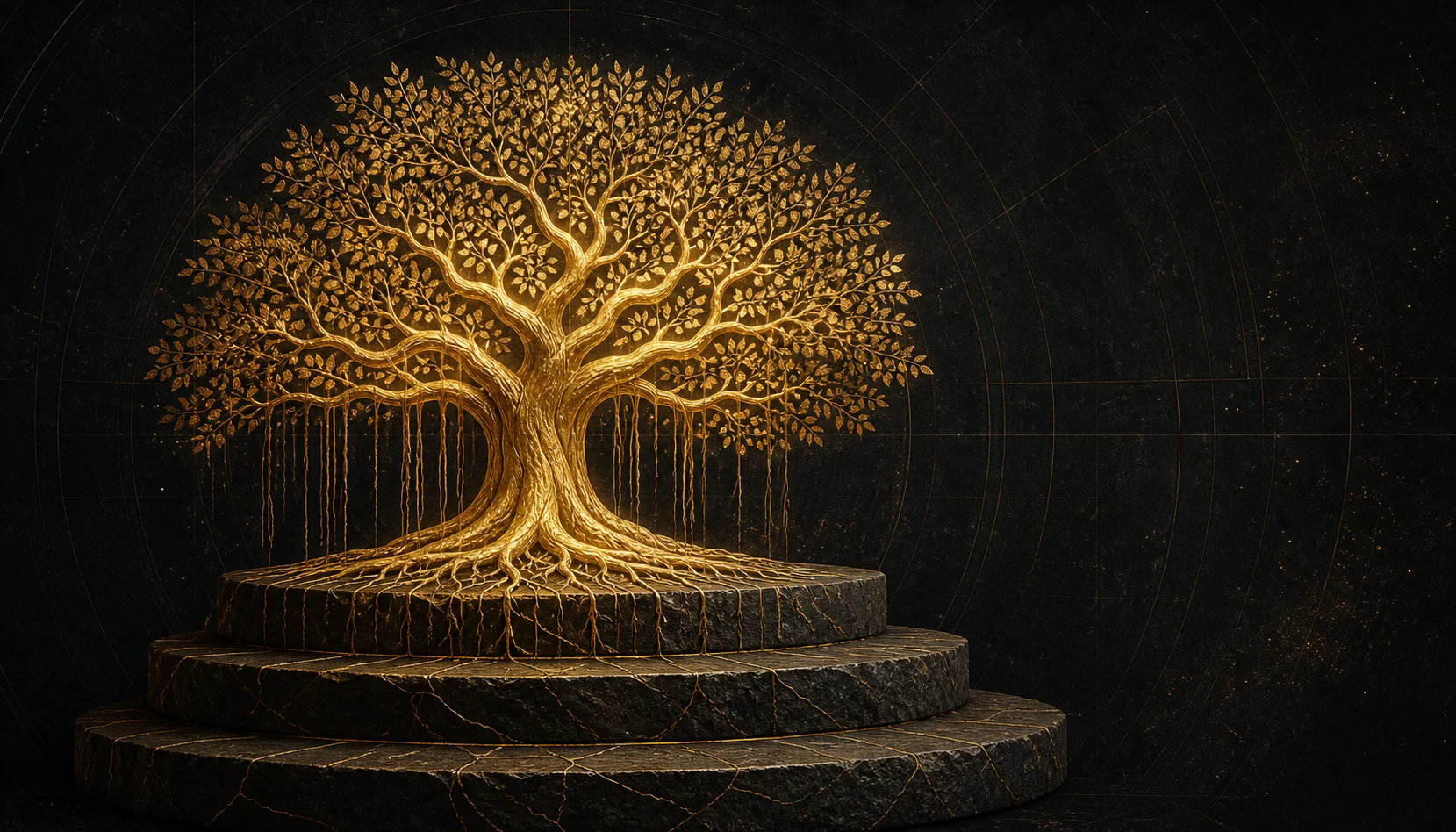 A glowing golden banyan tree growing from three stone platforms